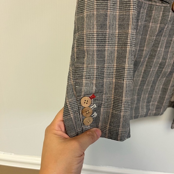 Mango Cotton Blend Checkered Plaid Blazer wooden buttons‎ with red details Fall - Picture 8 of 9